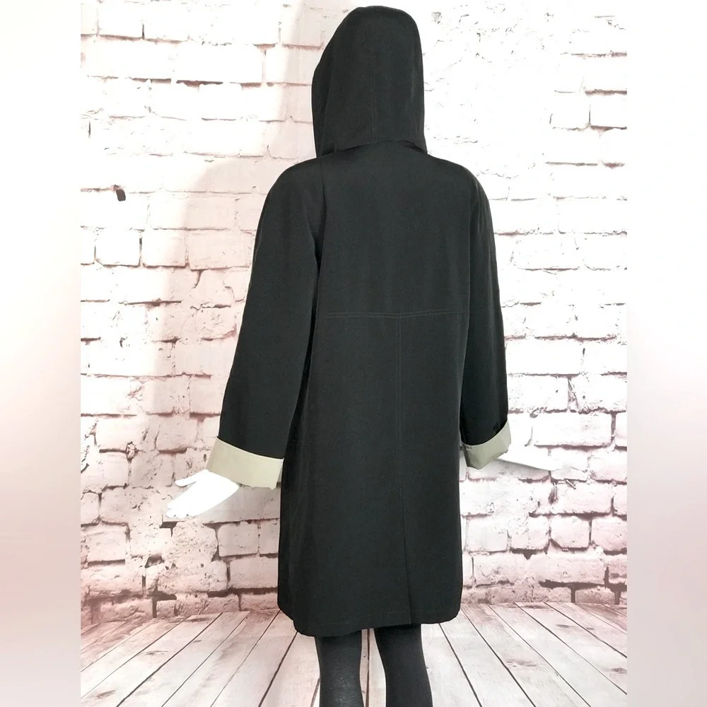 GALLERY Black & Taupe Trench Coat Raincoat detach Hood Size Medium 37” Length - Picture 6 of 16